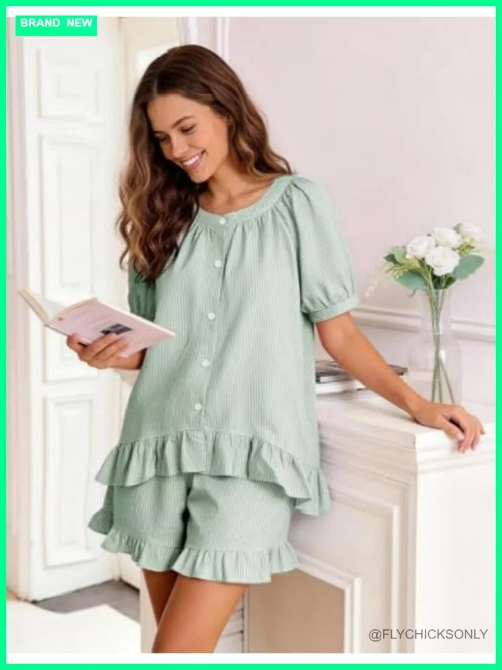 2 Piece Cotton Striped Pajama Set with Puff Sleeves Babydoll Top and Shorts